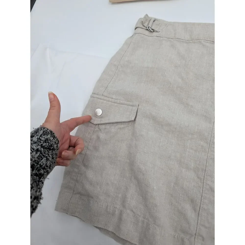 Athleta Voyager Size 6 Tan 100% Linen Zip Up Mini Skirt Adjustable Snap Pockets